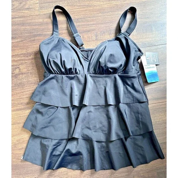 Swim Solutions Women's Sweetheart neck Swan Tiered-Ruffle Tankini Top Black 10 - Picture 3 of 6